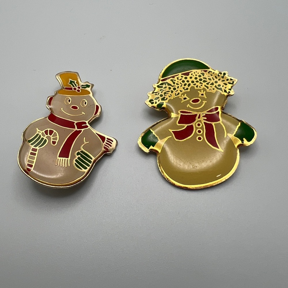 Vintage Snowman Snowwoman Brooches Lot of 2 Enamel Christmas‎ Holiday Pins